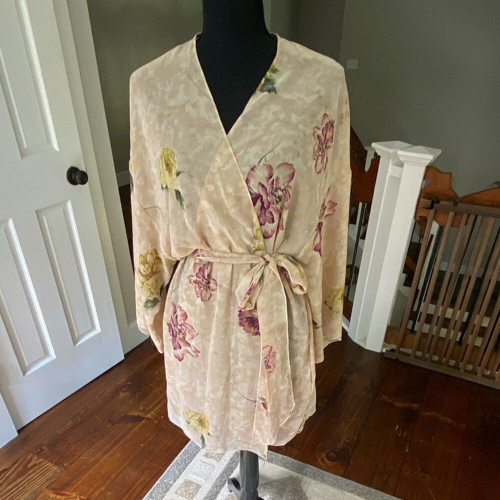 Cacique Womens Satin Kimono Robe Floral Beige XS Long Sleeve Belted Tie